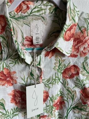 Joie Men's White Linen Floral Button-Down Shirt with Coral & Green Print